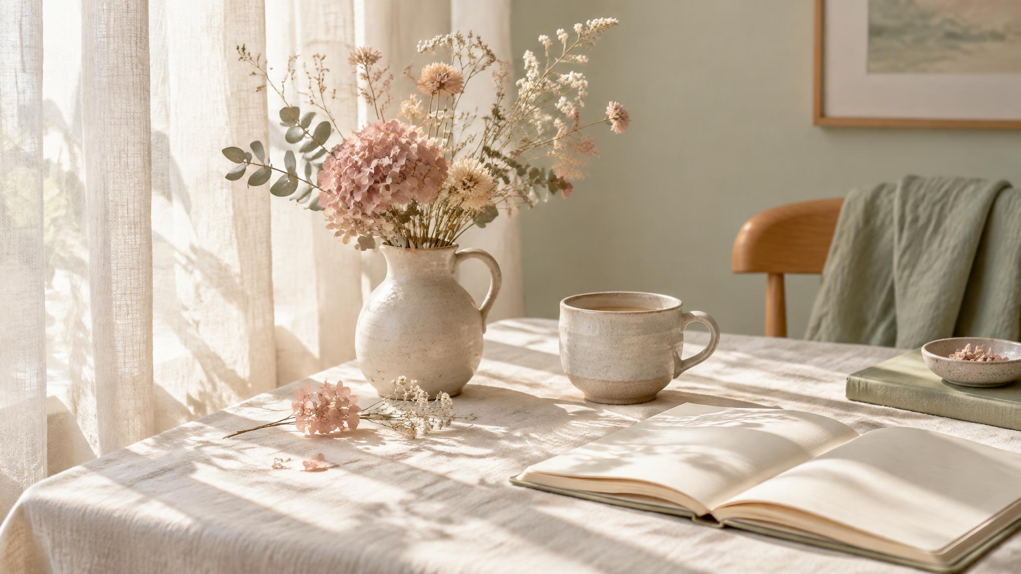 Zachte pastel sfeer met ochtendlicht, droogbloemen en een open notitieboek