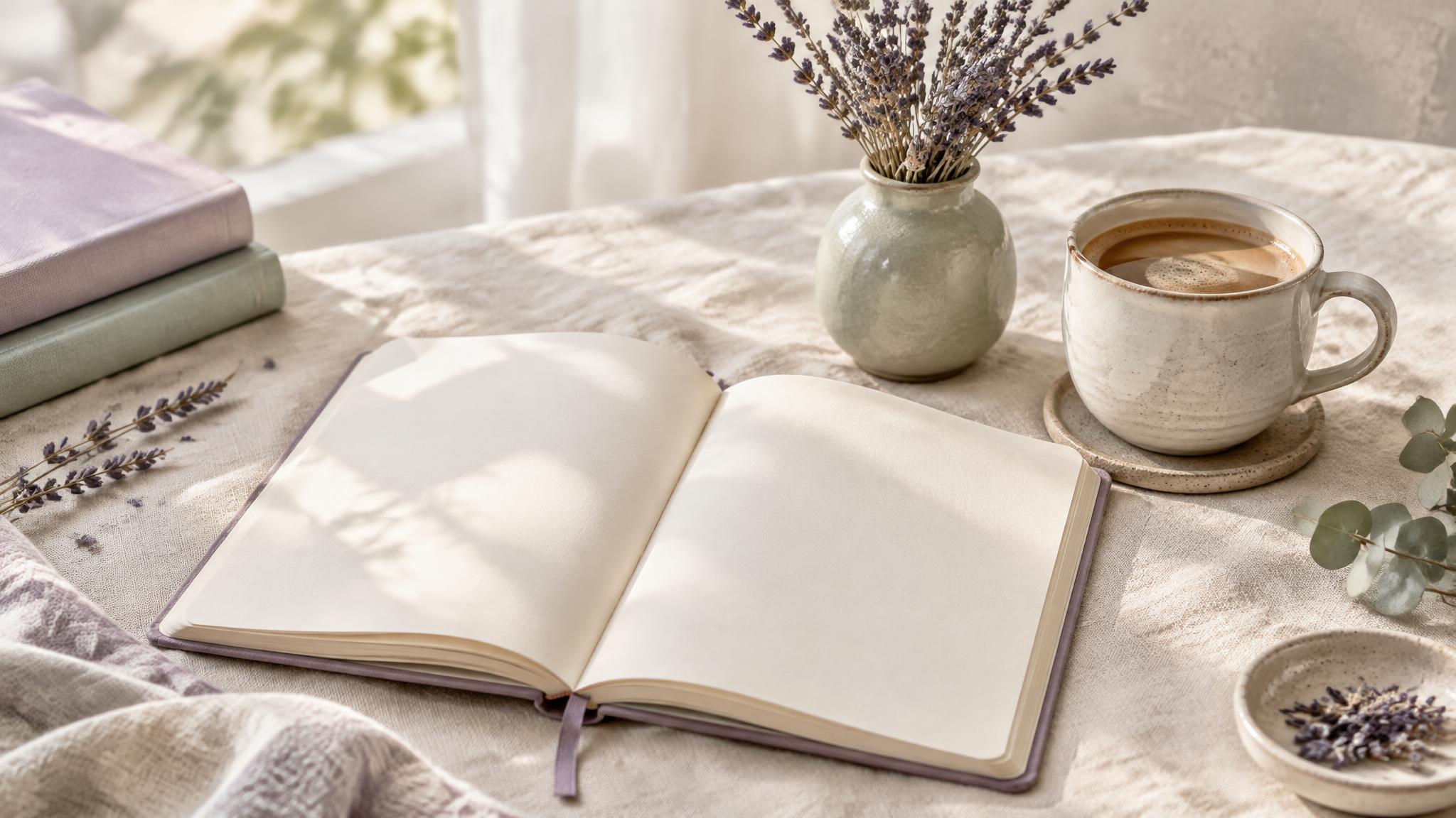 Open dagboek met droogbloemen en een kop koffie in zachte pasteltinten