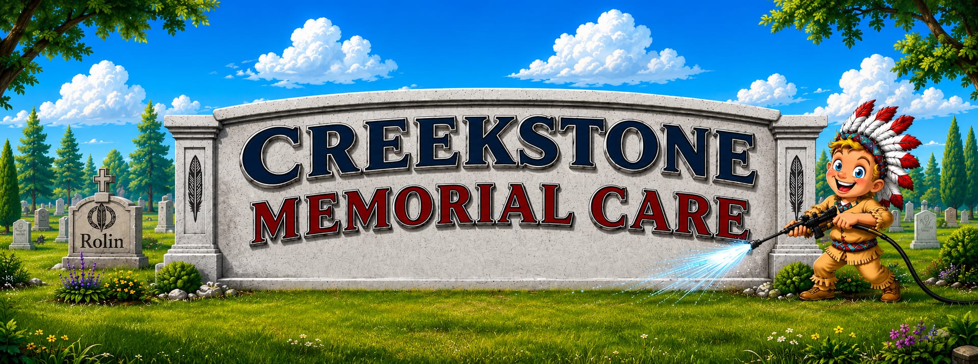 CreekStone Memorial Care artwork with a cared-for memorial and bright blue sky