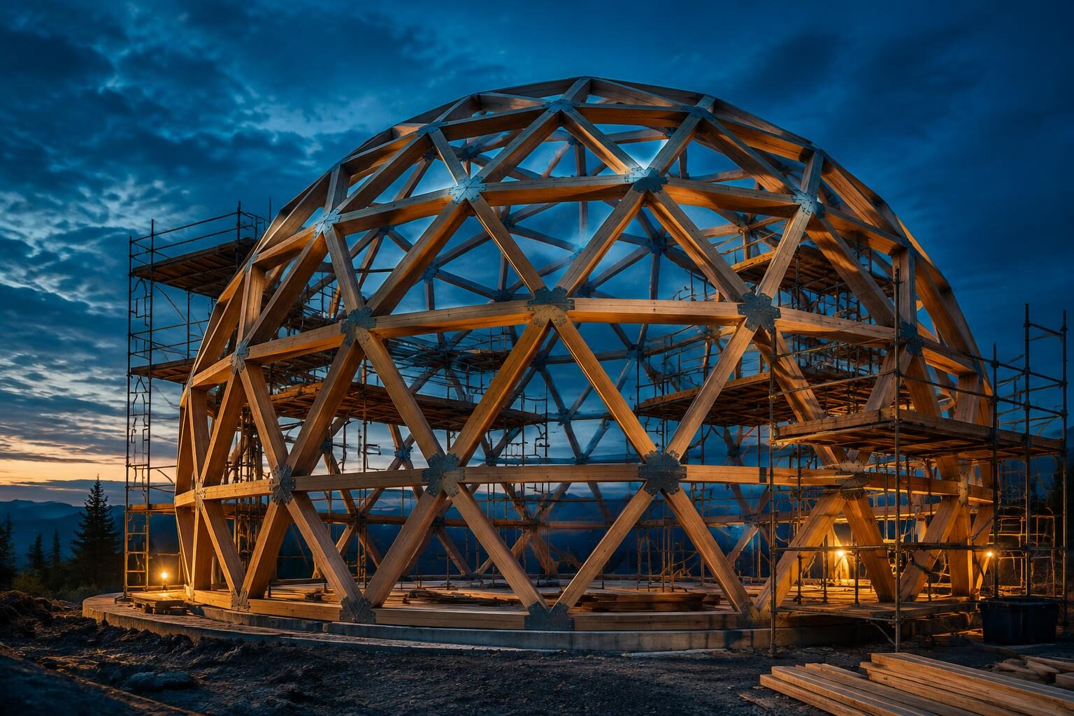 A geodesic dome frame under construction