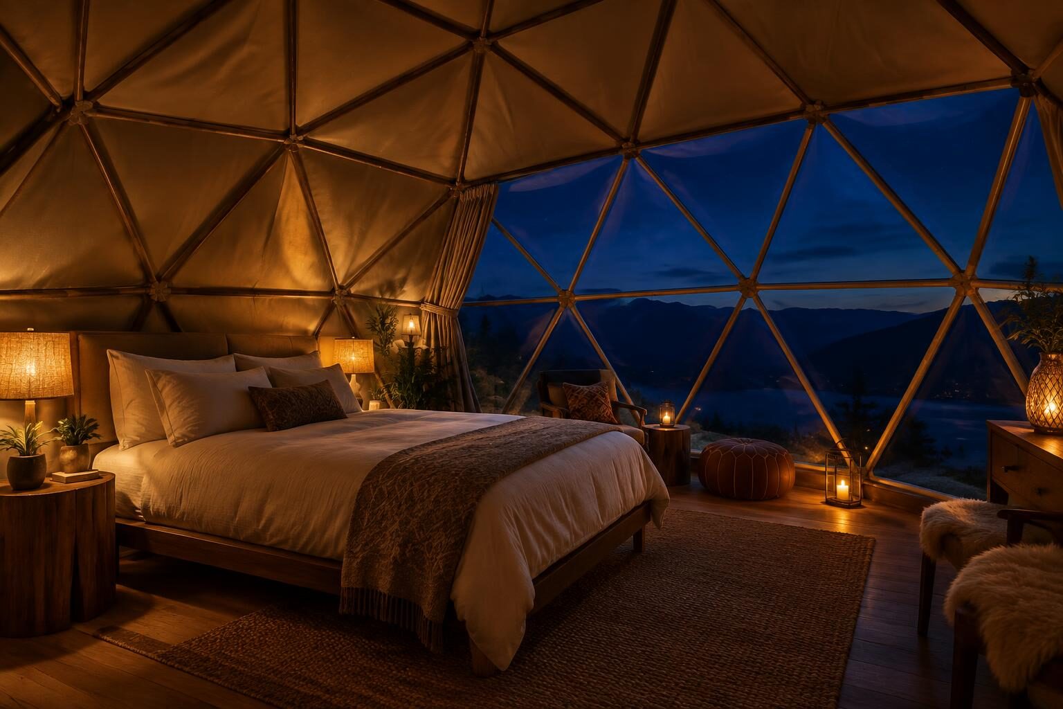 Interior of a glamping geodesic dome at night
