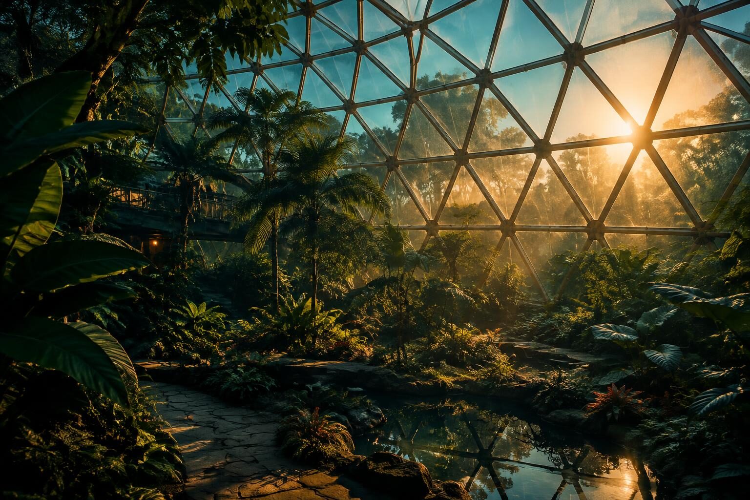 A geodesic greenhouse dome filled with plants